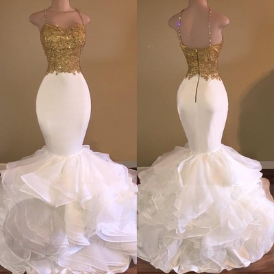 Amazing gold and white prom dress spaghettis straps rhinestones lace ruffles train mermaid formal gowns,15