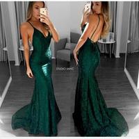 Mermaid Emerald Green Prom Dress, Sexy V-neck Prom Dresses, Lace Backless Long Prom Gown,23 - Thumbnail 1