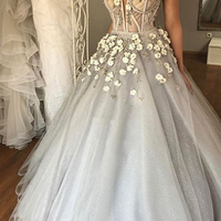 2020 Spring gray tulle spaghetti straps sexy long beaded evening dress with 3D flowers,28 - Thumbnail 1