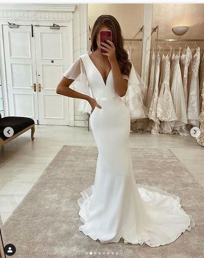 Elegant Simple Mermaid V Neck White Satin Half Sleeves Wedding Dresses