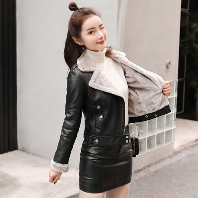 Chic black warm faux fur pu leather jacket - Thumbnail 5