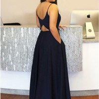 A-Line Spaghetti Straps Open Back Navy Blue Long Prom Dress with Pockets - Thumbnail 1