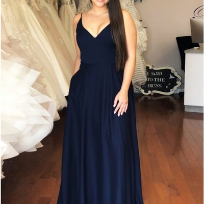 A-line spaghetti straps open back navy blue long prom dress with pockets