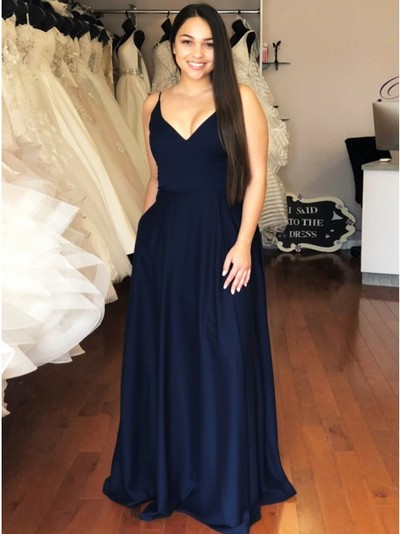 A-Line Spaghetti Straps Open Back Navy Blue Long Prom Dress with Pockets