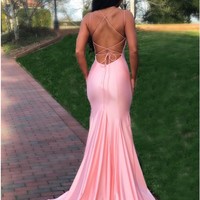 Mermaid Spaghetti Straps Lace Up Pink Satin Sweep Train Prom Evening Dress - Thumbnail 1