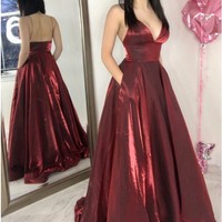 A-Line Spaghetti Straps Burgundy Satin Prom Dress with Pockets - Thumbnail 1