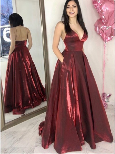 A-Line Spaghetti Straps Burgundy Satin Prom Dress with Pockets