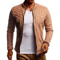 Men's Beige Biker casual quilted transition summer velvet stand-up collar faux leather jacket - Thumbnail 1