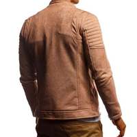 Men's Beige Biker casual quilted transition summer velvet stand-up collar faux leather jacket - Thumbnail 2