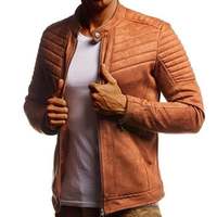 Men's Camel Biker casual quilted transition summer velvet stand-up collar faux leather jacket - Thumbnail 1