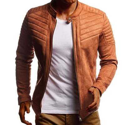 Men's camel biker casual quilted transition summer velvet stand-up collar faux leather jacket
