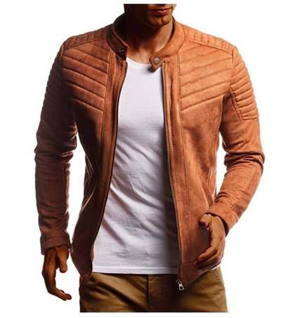 Men's Camel Biker casual quilted transition summer velvet stand-up collar faux leather jacket
