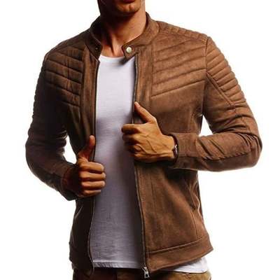 Men's khaki biker casual quilted transition summer velvet stand-up collar faux leather jacket