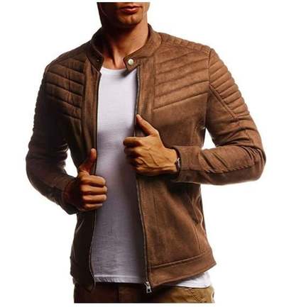 Men's Khaki Biker casual quilted transition summer velvet stand-up collar faux leather jacket