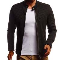 Men's Black Biker casual quilted transition summer velvet stand-up collar faux leather jacket - Thumbnail 1