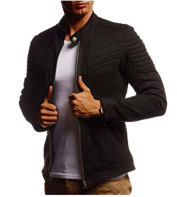 Men's Black Biker casual quilted transition summer velvet stand-up collar faux leather jacket