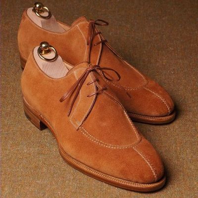 Brown party wear suede split toe design handmade shoes lace up fastening shoes for gentlemen