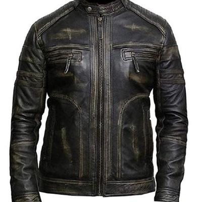 Men's black rub off biky moto stylish leather jacket with 100% polyester lining