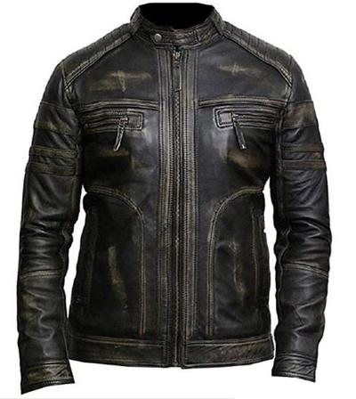 Men's Black Rub Off Biky Moto Stylish Leather Jacket with 100% Polyester lining