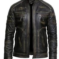 Men's Black Rub Off Biky Moto Stylish Leather Jacket with 100% Polyester lining - Thumbnail 2