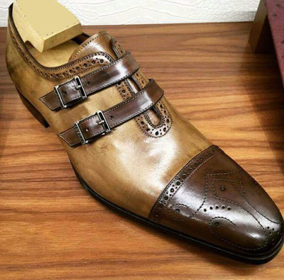 Christmas Sale Oxfords Double Buckle Fastening Handmade Rust Leather Formal Wear SHoes For Adults or Men's