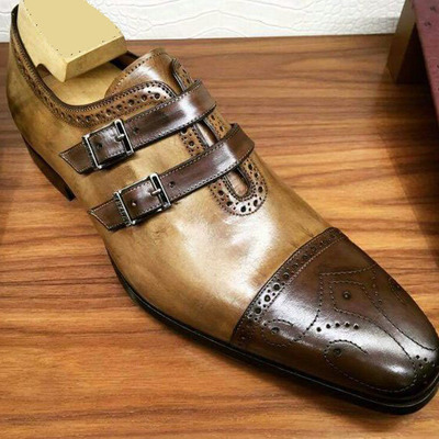 Christmas sale oxfords double buckle fastening handmade rust leather formal wear shoes for adults or men's