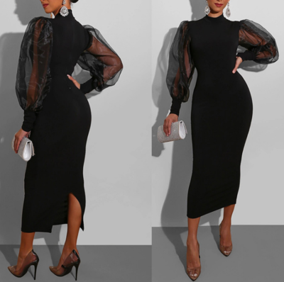 Women'S Mesh Splicing Solid Color Long Sleeve Dress