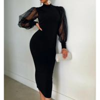 Women'S Mesh Splicing Solid Color Long Sleeve Dress - Thumbnail 1