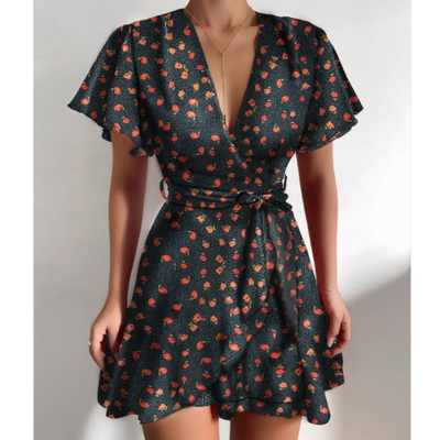 V-neck short-sleeved flounced princess dress - Thumbnail 3