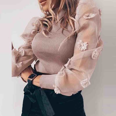 Long sleeve splicing high neck tight knit top - Thumbnail 2