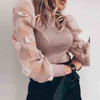 Long Sleeve Splicing High Neck Tight Knit Top - Thumbnail 1