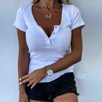 Solid Color Button Short-Sleeved T-Shirt - Thumbnail 2