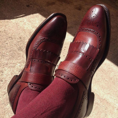 Best custom handmade burgundy fringe moccasin shoes - Thumbnail 3