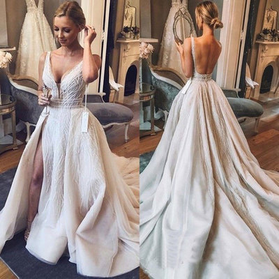 V Neck Detachable Wedding Dresses Bridal Gown