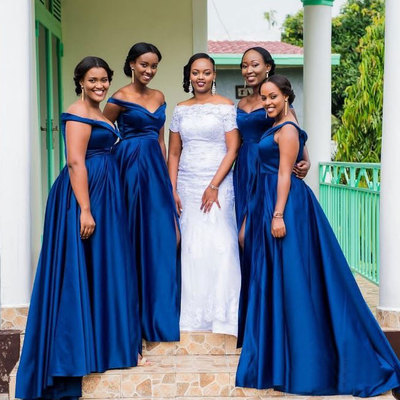Off the shoulder royal blue bridesmaid dresses for wedding party - Thumbnail 3