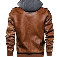 Men's Brown Biker Motorcycle Stand up color Winter Slim Fit Removable Hood Faux Leather Jacket - Thumbnail 2