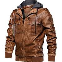 Men's Brown Biker Motorcycle Stand up color Winter Slim Fit Removable Hood Faux Leather Jacket - Thumbnail 5