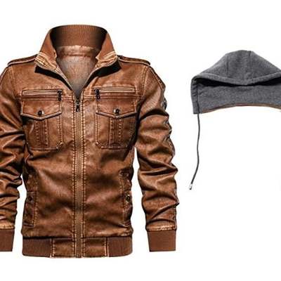 Men's brown biker motorcycle stand up color winter slim fit removable hood faux leather jacket