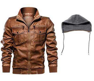 Men's Brown Biker Motorcycle Stand up color Winter Slim Fit Removable Hood Faux Leather Jacket