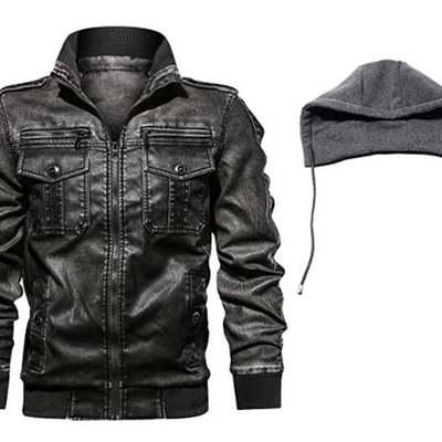 Men's black biker motorcycle stand up color winter slim fit removable hood faux leather jacket