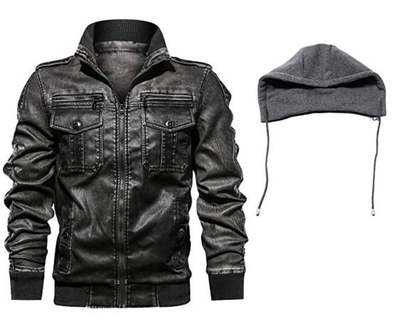 Men's Black Biker Motorcycle Stand up color Winter Slim Fit Removable Hood Faux Leather Jacket