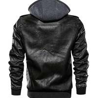 Men's Black Biker Motorcycle Stand up color Winter Slim Fit Removable Hood Faux Leather Jacket - Thumbnail 2