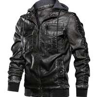 Men's Black Biker Motorcycle Stand up color Winter Slim Fit Removable Hood Faux Leather Jacket - Thumbnail 1