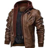 Men's Brown Biker Motorcycle Stand up color Winter Slim Fit Removable Hood Faux Leather Jacket - Thumbnail 2