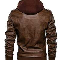 Men's Brown Biker Motorcycle Stand up color Winter Slim Fit Removable Hood Faux Leather Jacket - Thumbnail 1