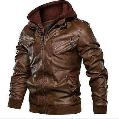 Men's brown biker motorcycle stand up color winter slim fit removable hood faux leather jacket