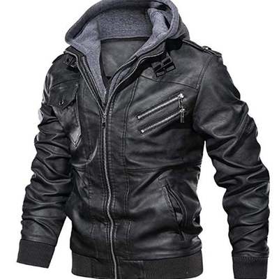 Men's black biker motorcycle stand up color winter slim fit removable hood faux leather jacket