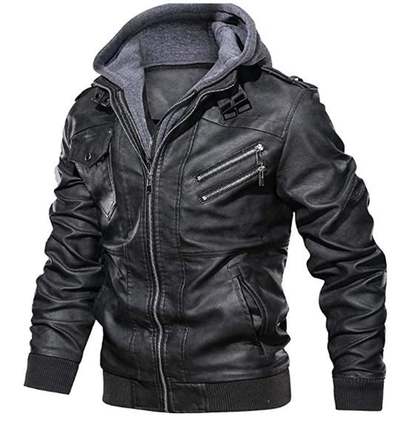 Men's Black Biker Motorcycle Stand up color Winter Slim Fit Removable Hood Faux Leather Jacket