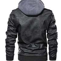 Men's Black Biker Motorcycle Stand up color Winter Slim Fit Removable Hood Faux Leather Jacket - Thumbnail 2
