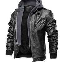 Men's Black Biker Motorcycle Stand up color Winter Slim Fit Removable Hood Faux Leather Jacket - Thumbnail 1